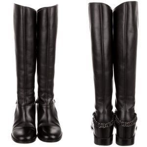 37 CHRISTIAN LOUBOUTIN knee high calf leather riding boots with chain ac…